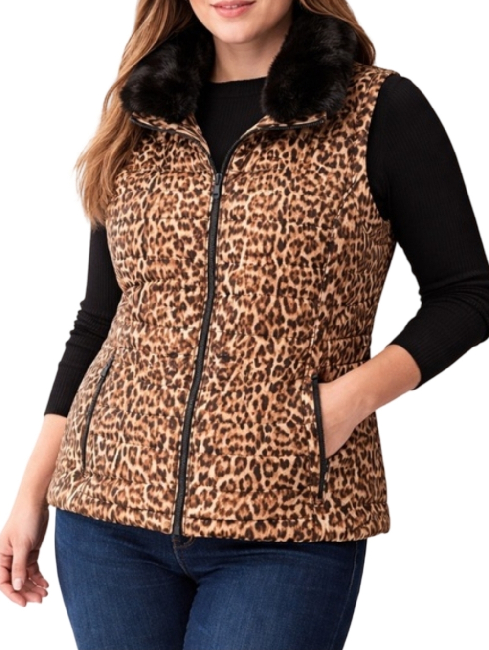 Calvin Klein Leopard Print Faux-Fur Collar Puffer Vest - Brown‎ Plus Size 2X New